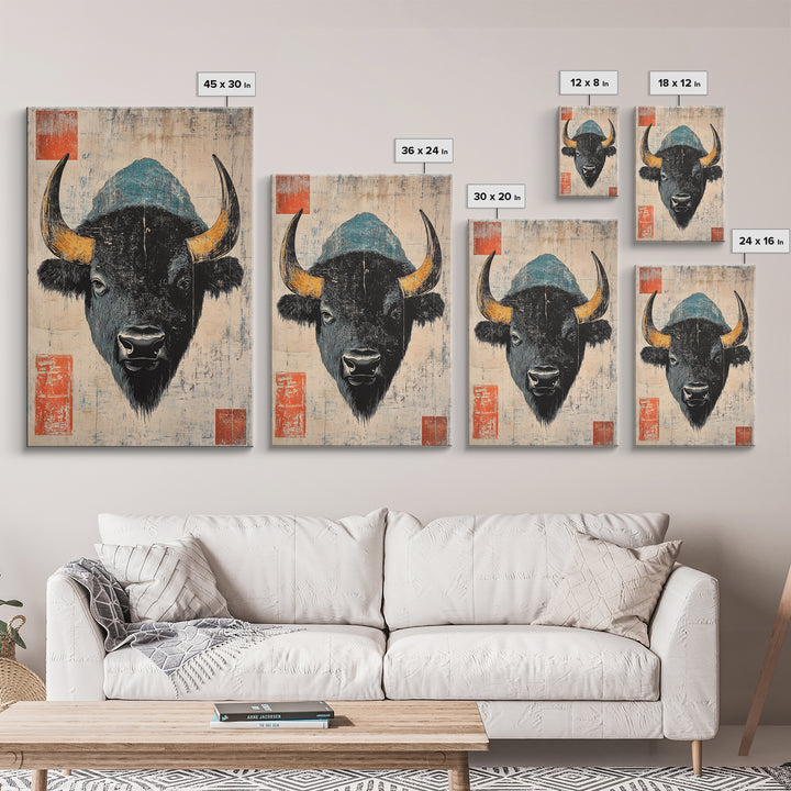 Black Bison Portrait Wall Art, Rustic Wildlife Art Print, Western Animal Wall Decor, Lodge Cabin Canvas Print Gift For Him