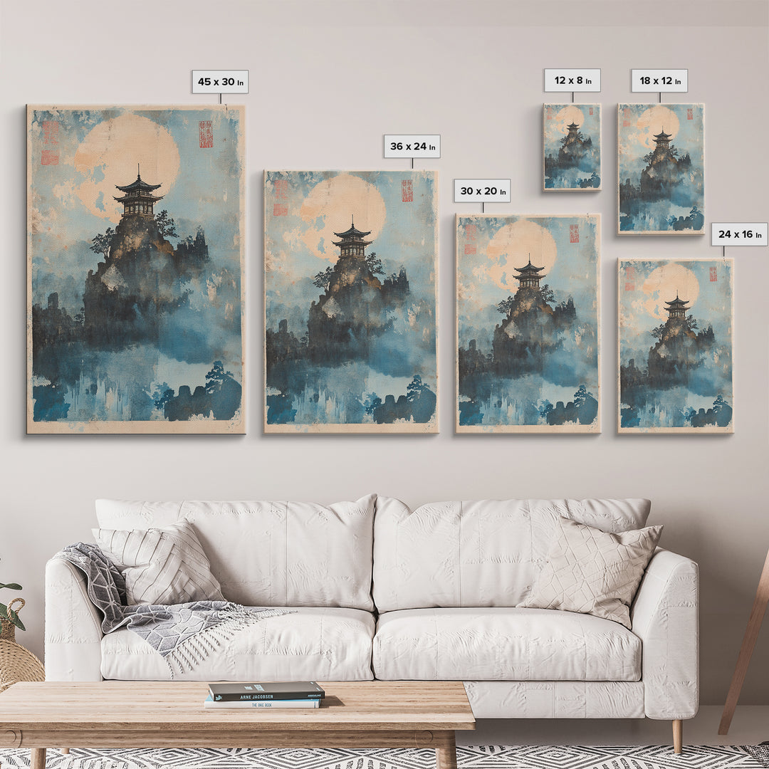 Misty Pagoda Moon Wall Art, Japanese Landscape Art Print, Zen Asian Wall Decor, Meditation Room Framed Canvas Print Gift