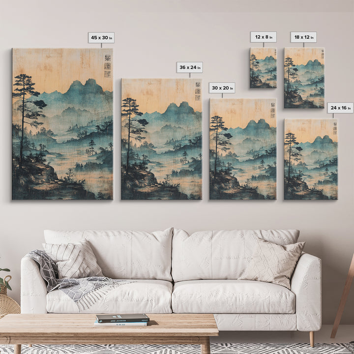 Blue Mist Mountain Landscape Wall Art, Japanese Ink Painting Print, Zen Nature Wall Decor, Japandi Living Room Decor Gift