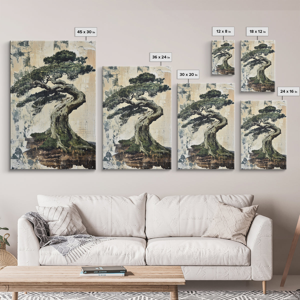 Twisted Windswept Bonsai Tree Wall Art, Japandi Nature Print, Zen Home Decor, Botanical Wall Decor, Framed Canvas Print, Office Decor
