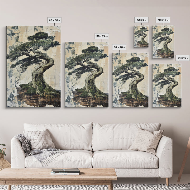 Twisted Windswept Bonsai Tree Wall Art, Japandi Nature Print, Zen Home Decor, Botanical Wall Decor, Framed Canvas Print, Office Decor