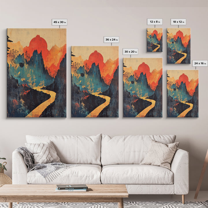 Red Sun Mountain River Wall Art, Abstract Landscape Print, Japandi Wall Decor, Organic Modern Art, Large Canvas Print, Statement Artwork