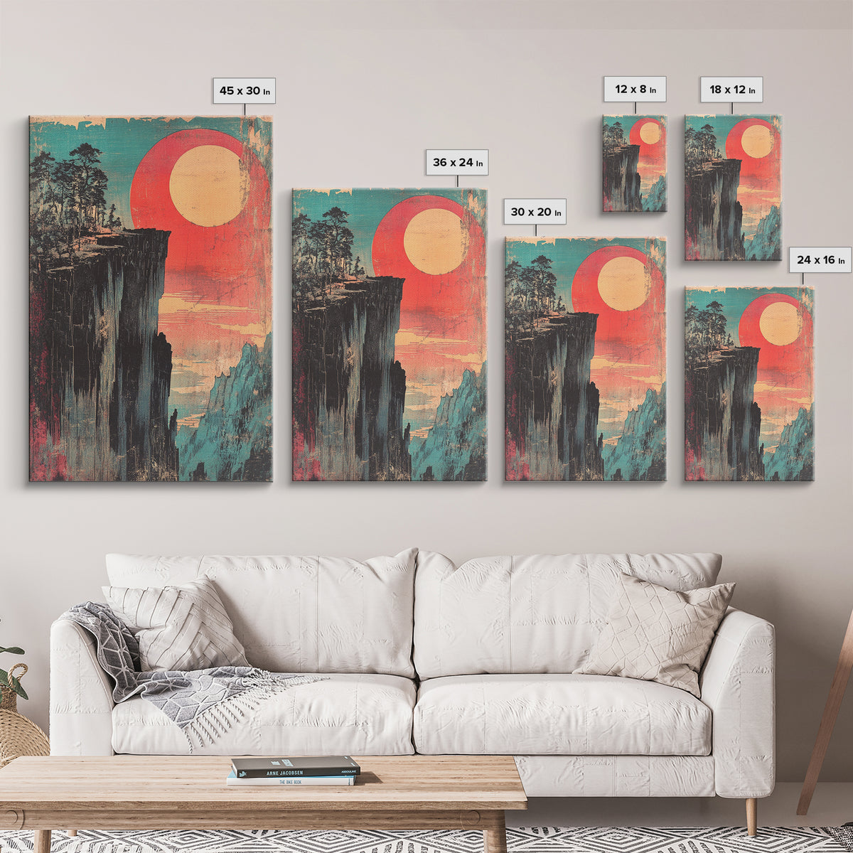 Cliffside Forest With Red Sun Wall Art, Retro Japanese Print, Japandi Decor, Bold Landscape, Framed Canvas Print, Large Wall Art
