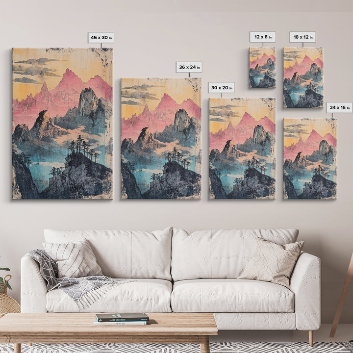 Misty Pink Mountain Range Wall Art, Abstract Landscape Print, Japandi Wall Decor, Gallery Wall Art, Large Canvas Print, Pastel Wall Art