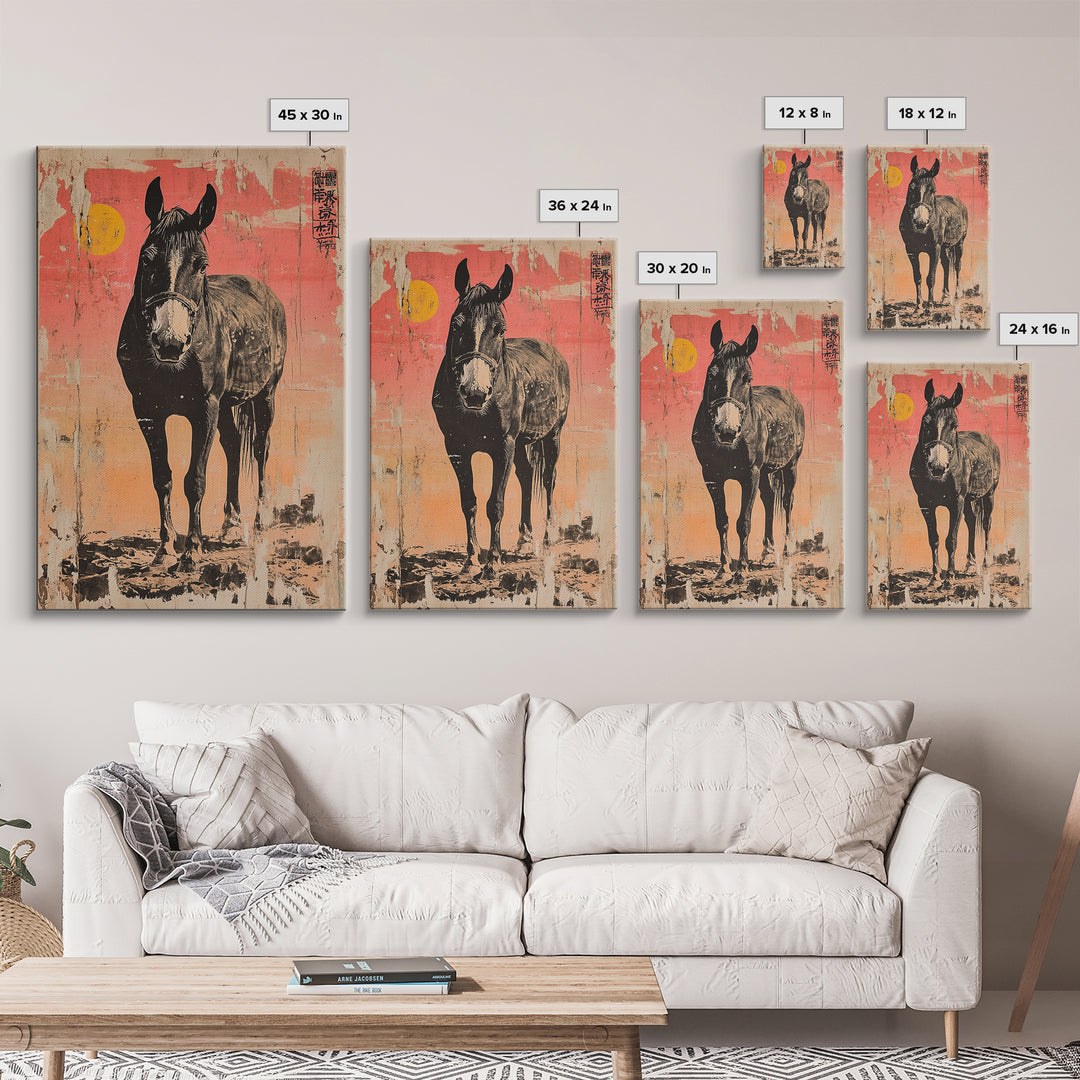 Black Horse Portrait At Sunset Framed Canvas Print, Equestrian Wall Art, Western Decor, Horse Lover Gift, Rustic Home Decor