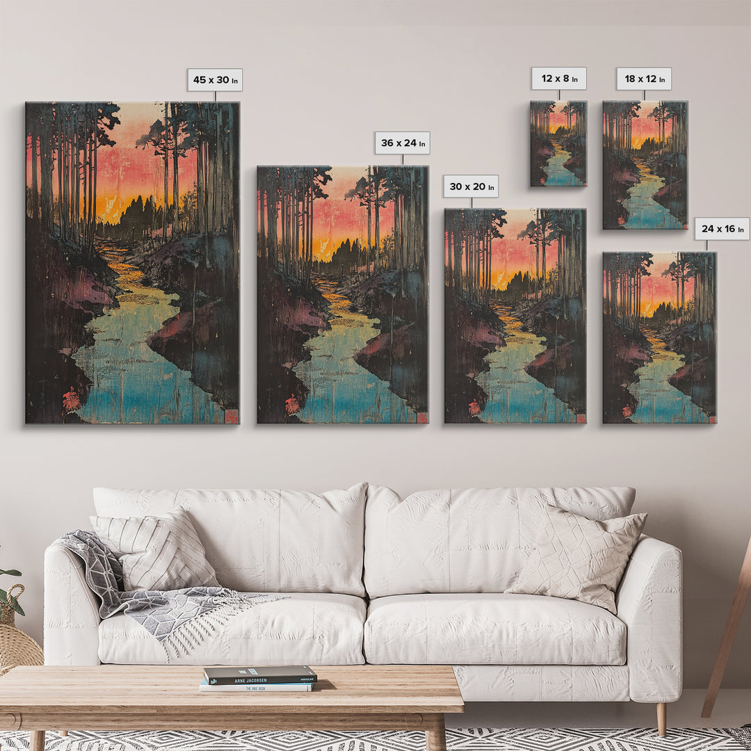 Sunset Forest River Canvas Print, Japanese Landscape Wall Art, Nature Wall Decor, Rustic Home Decor, Calming Living Room Art