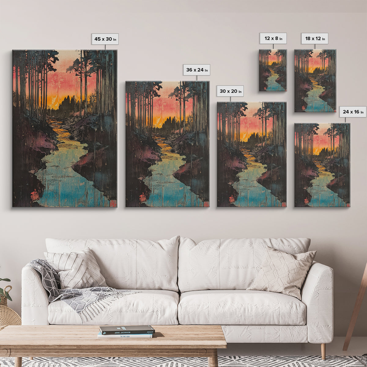 Sunset Forest River Canvas Print, Japanese Landscape Wall Art, Nature Wall Decor, Rustic Home Decor, Calming Living Room Art