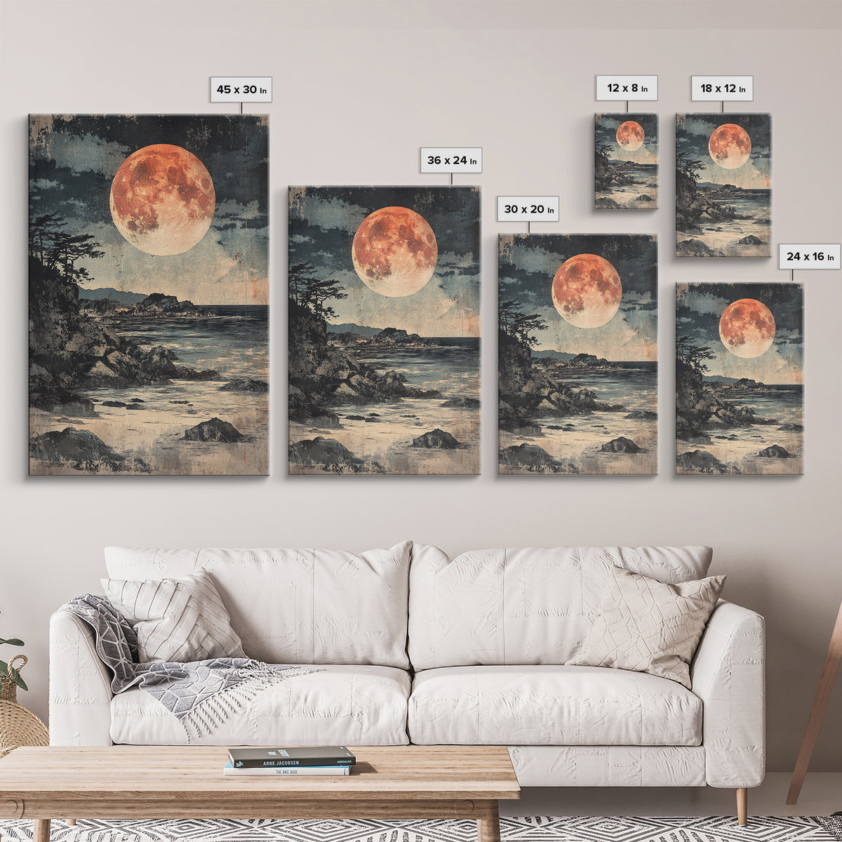 Full Moon Rocky Coast Canvas Print, Japanese Seascape Wall Art, Moody Wall Decor, Coastal Wall Art, Dark Academia Decor