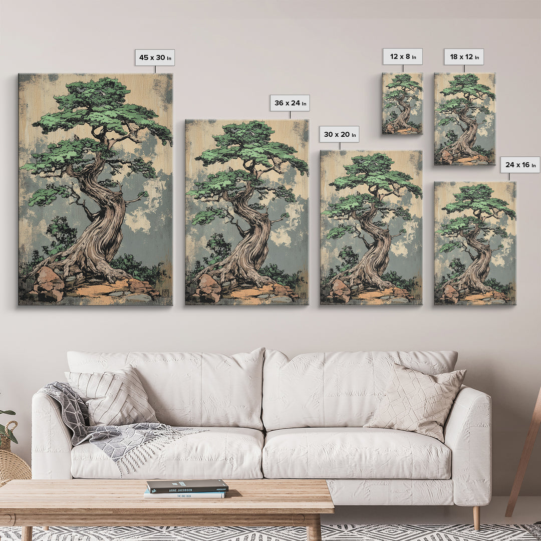 Twisted Bonsai Tree Wall Art, Japanese Zen Canvas Print, Nature Inspired Decor, Japandi Wall Decor, Calming Living Room Art