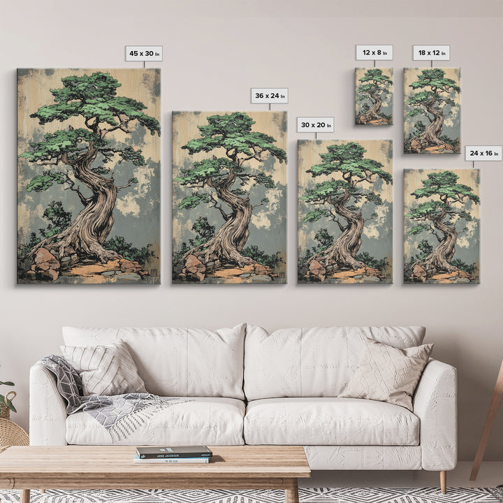 Twisted Bonsai Tree Wall Art, Japanese Zen Canvas Print, Nature Inspired Decor, Japandi Wall Decor, Calming Living Room Art