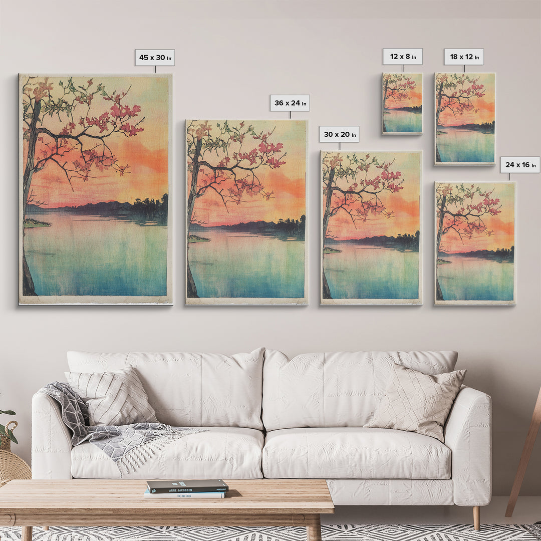 Cherry Blossom Lake Wall Art, Japanese Sunset Canvas Print, Serene Landscape Decor, Pink Floral Art, Bedroom Wall Decor Print