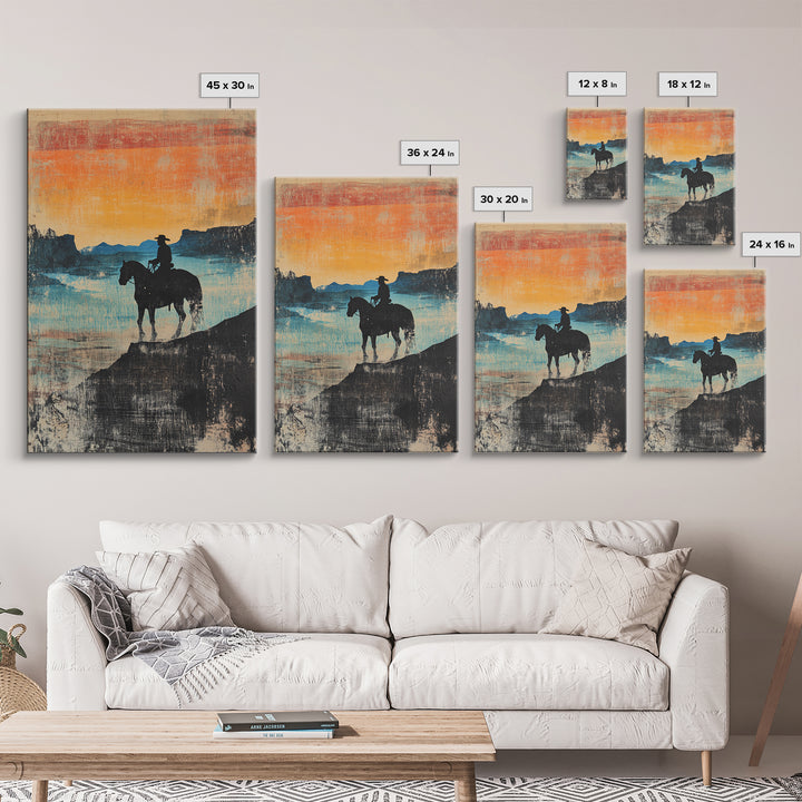 Cowboy Canyon Sunset Wall Art, Western Horse Canvas Print, Rustic Landscape Decor, Southwestern Art, Gift For Him, Living Room Decor
