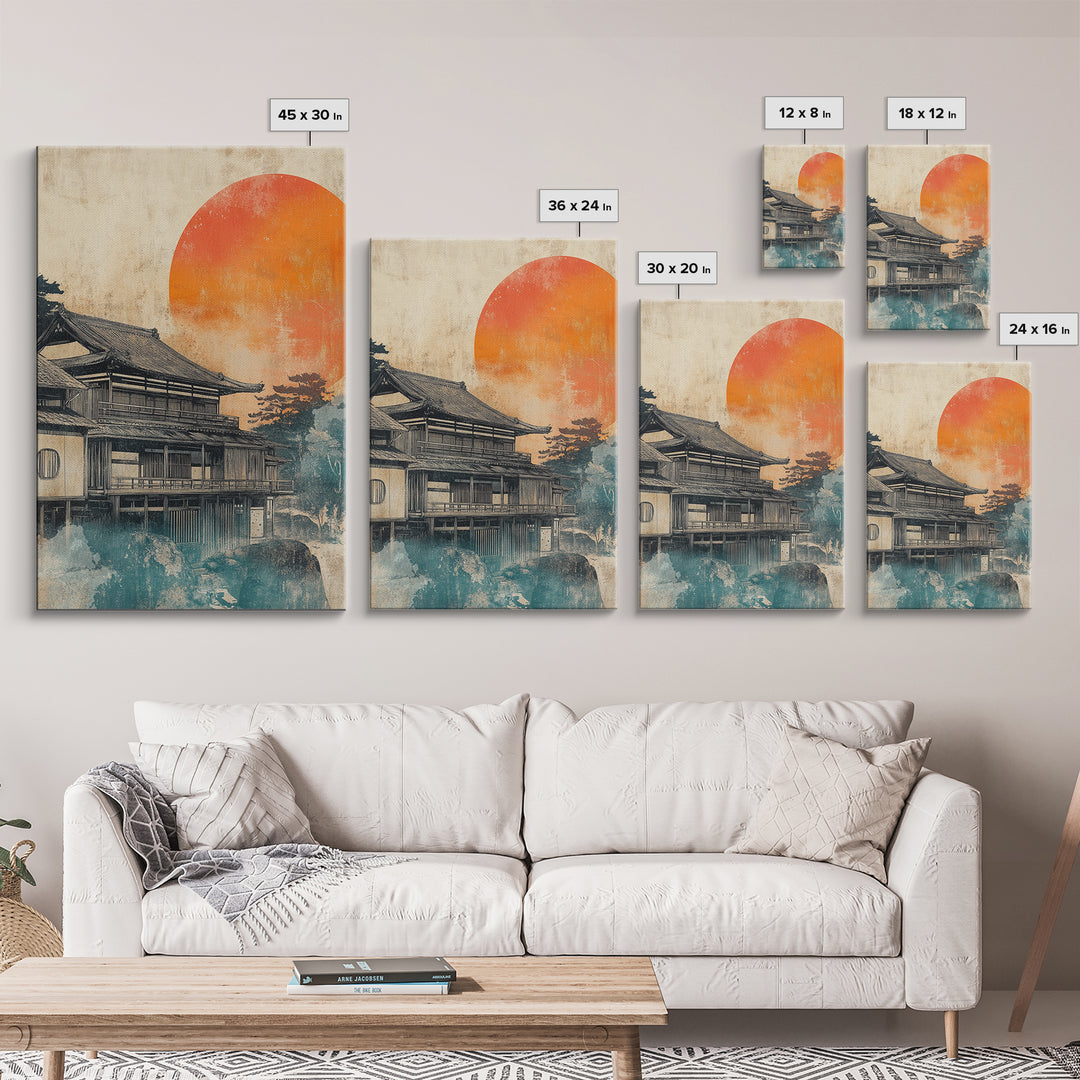 Japanese Tea House Framed Canvas Print, Orange Sun Wall Art, Ukiyo E Landscape Decor, Japandi Art, Modern Living Room Decor