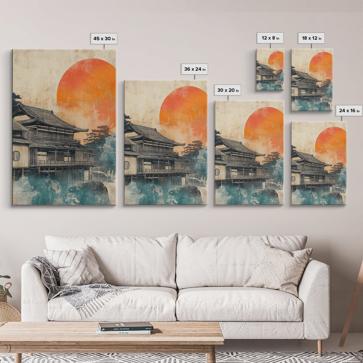 Japanese Tea House Framed Canvas Print, Orange Sun Wall Art, Ukiyo E Landscape Decor, Japandi Art, Modern Living Room Decor