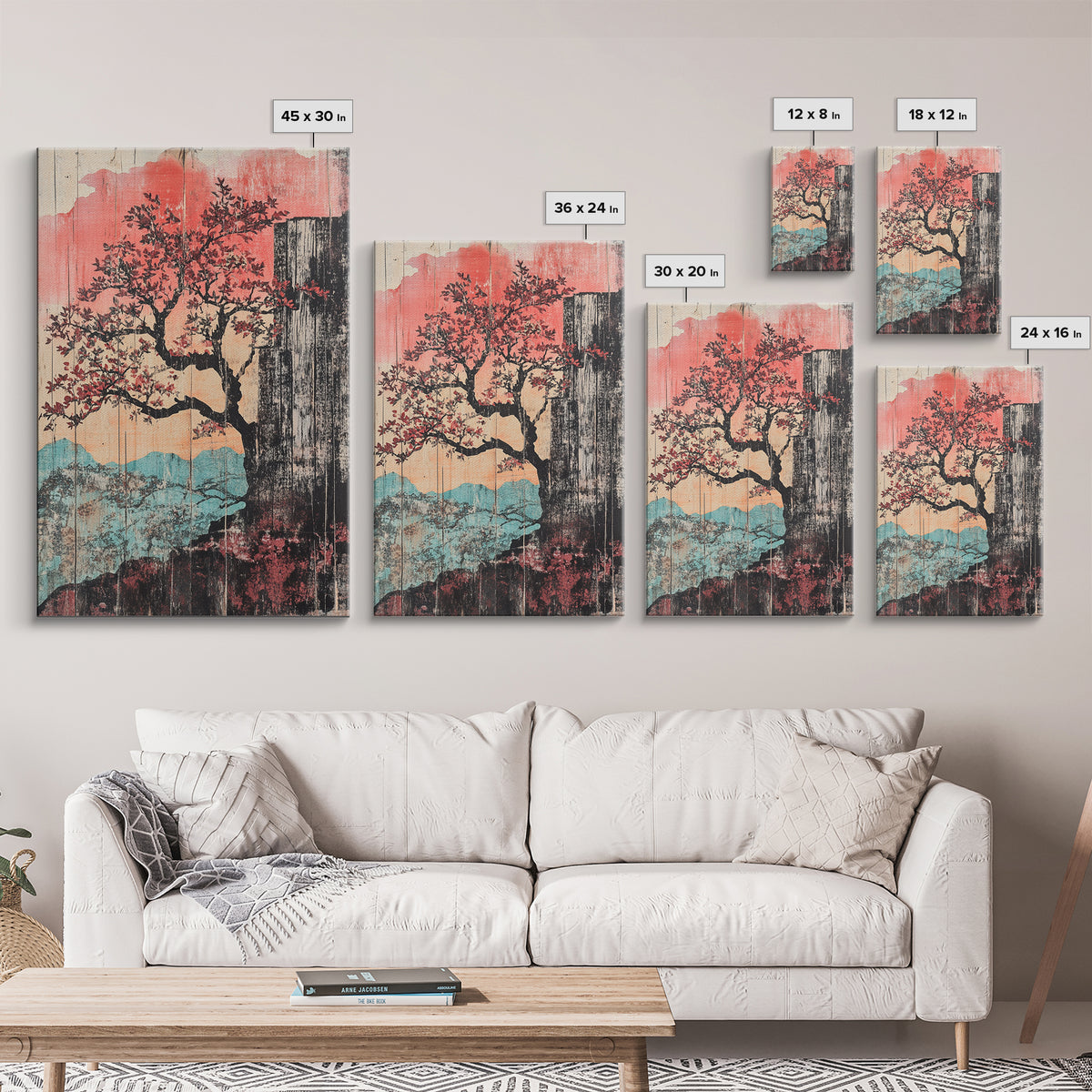 Cherry Blossom Waterfall Wall Art, Japanese Landscape Canvas Print, Pink Mountain Decor, Japandi Wall Decor, Large Art Print