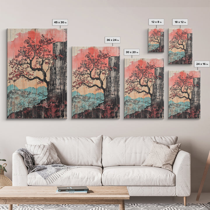 Cherry Blossom Waterfall Wall Art, Japanese Landscape Canvas Print, Pink Mountain Decor, Japandi Wall Decor, Large Art Print