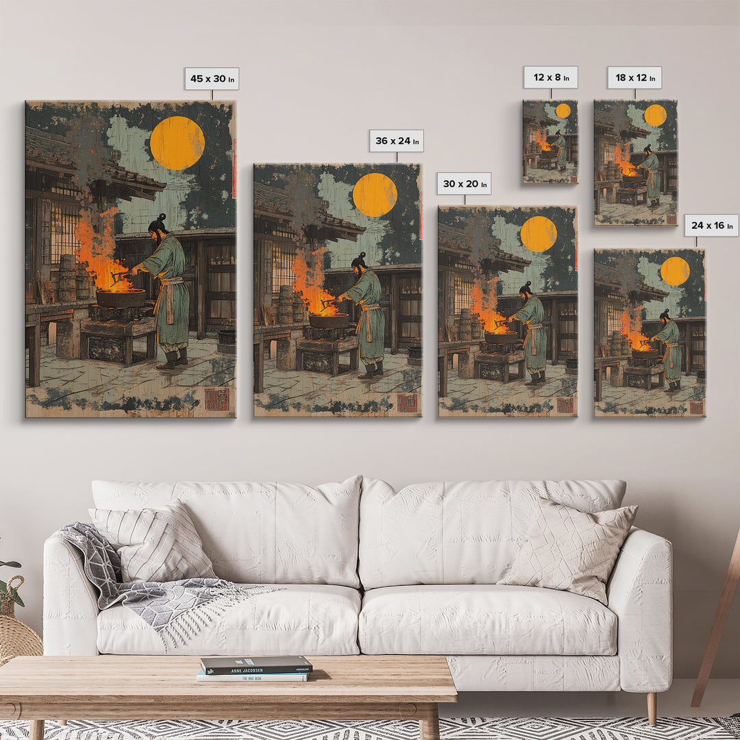 Japanese Blacksmith Night Wall Art, Moonlit Forge Canvas Print, Samurai Inspired Decor, Dramatic Ukiyo E Style Art Print