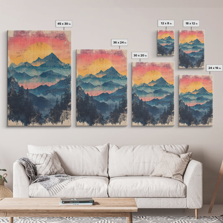 Misty Blue Mountain Sunset Wall Art, Layered Forest Landscape Print, Rustic Cabin Decor, Large Nature Living Room Art Gift