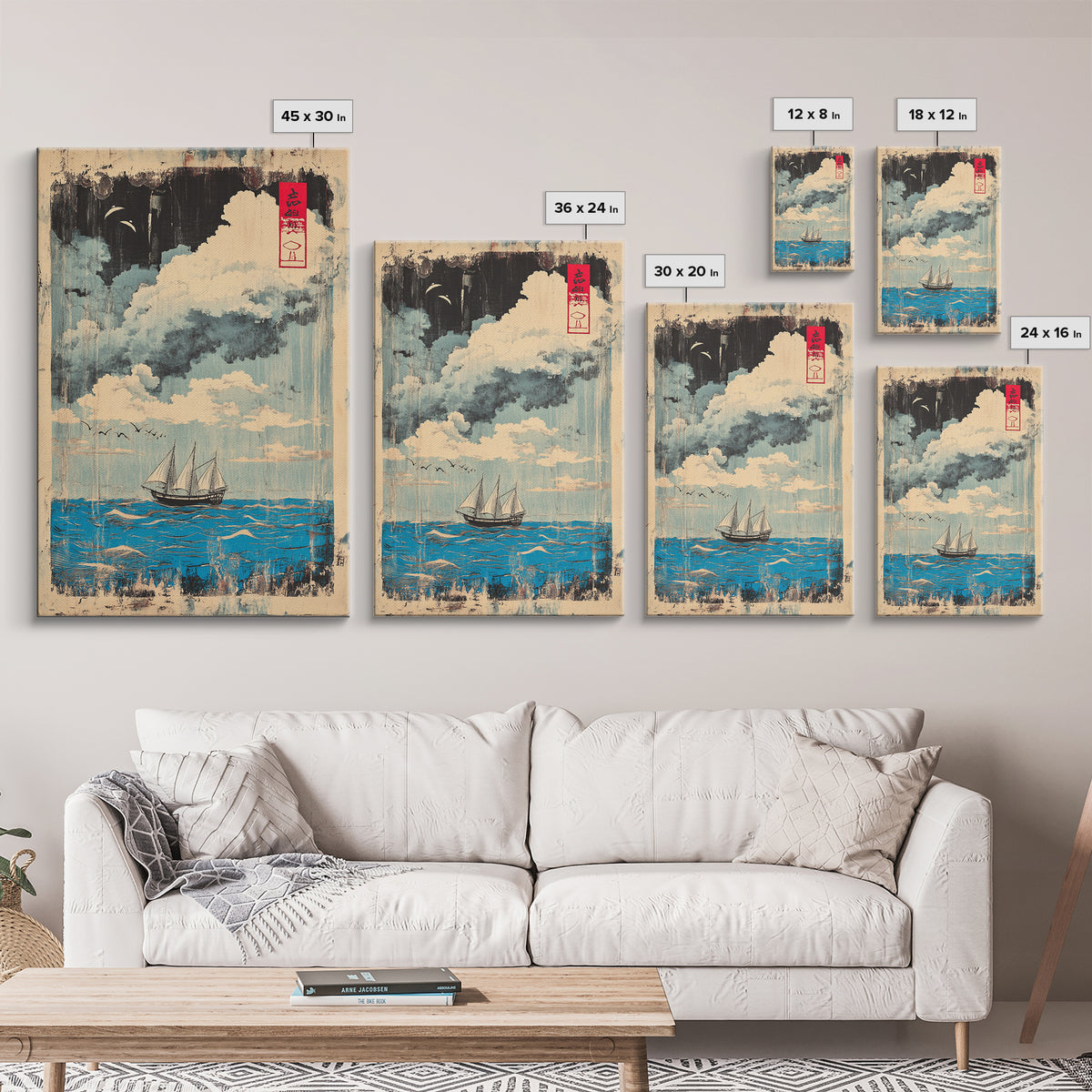 Sailboat Under Moonlit Clouds Canvas Print, Japanese Nautical Wall Art, Ocean Seascape Decor, Coastal Gift For Him And Her