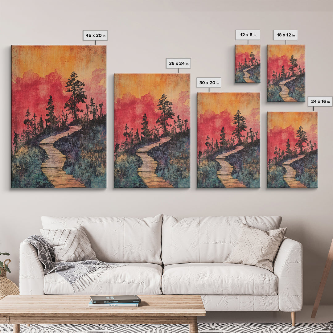 Winding Forest Path At Sunset Wall Art, Pink Orange Landscape Print, Rustic Cabin Decor, Cozy Nature Art For Bedroom Gift