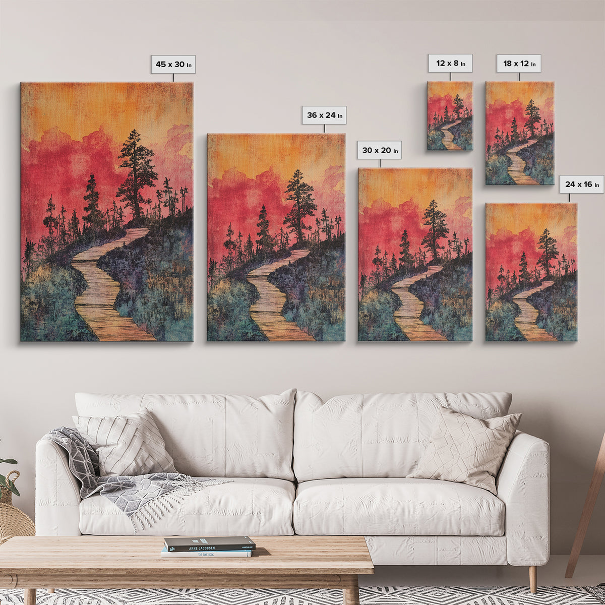 Winding Forest Path At Sunset Wall Art, Pink Orange Landscape Print, Rustic Cabin Decor, Cozy Nature Art For Bedroom Gift