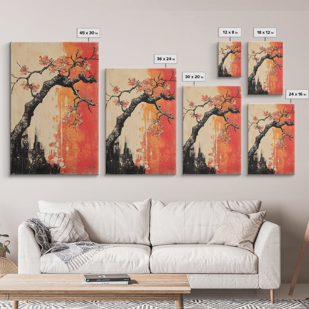 Cherry Blossom Branch Canvas Print, Japanese Floral Wall Art, Red Orange Botanical Decor, Japandi Living Room Art Gift Print