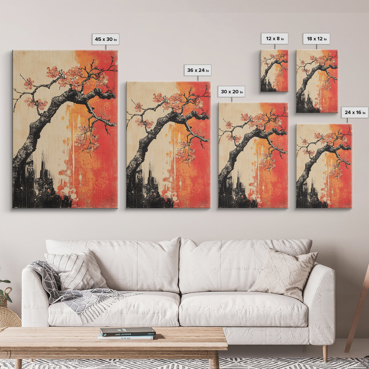 Cherry Blossom Branch Canvas Print, Japanese Floral Wall Art, Red Orange Botanical Decor, Japandi Living Room Art Gift Print