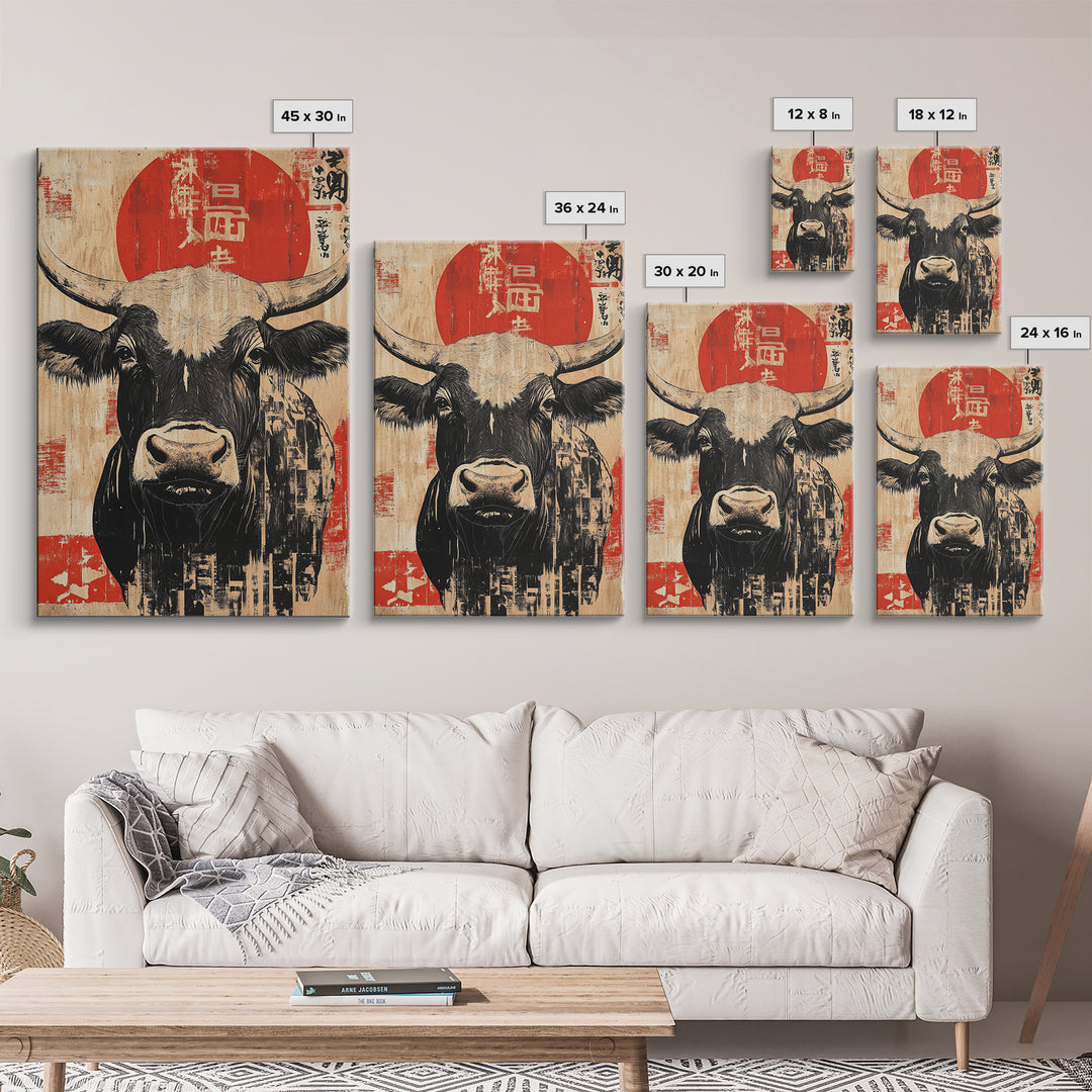 Black And White Bull With Red Sun Wall Art, Japanese Farm Animal Print, Rustic Asian Decor, Bold Kitchen Wall Decor Gift