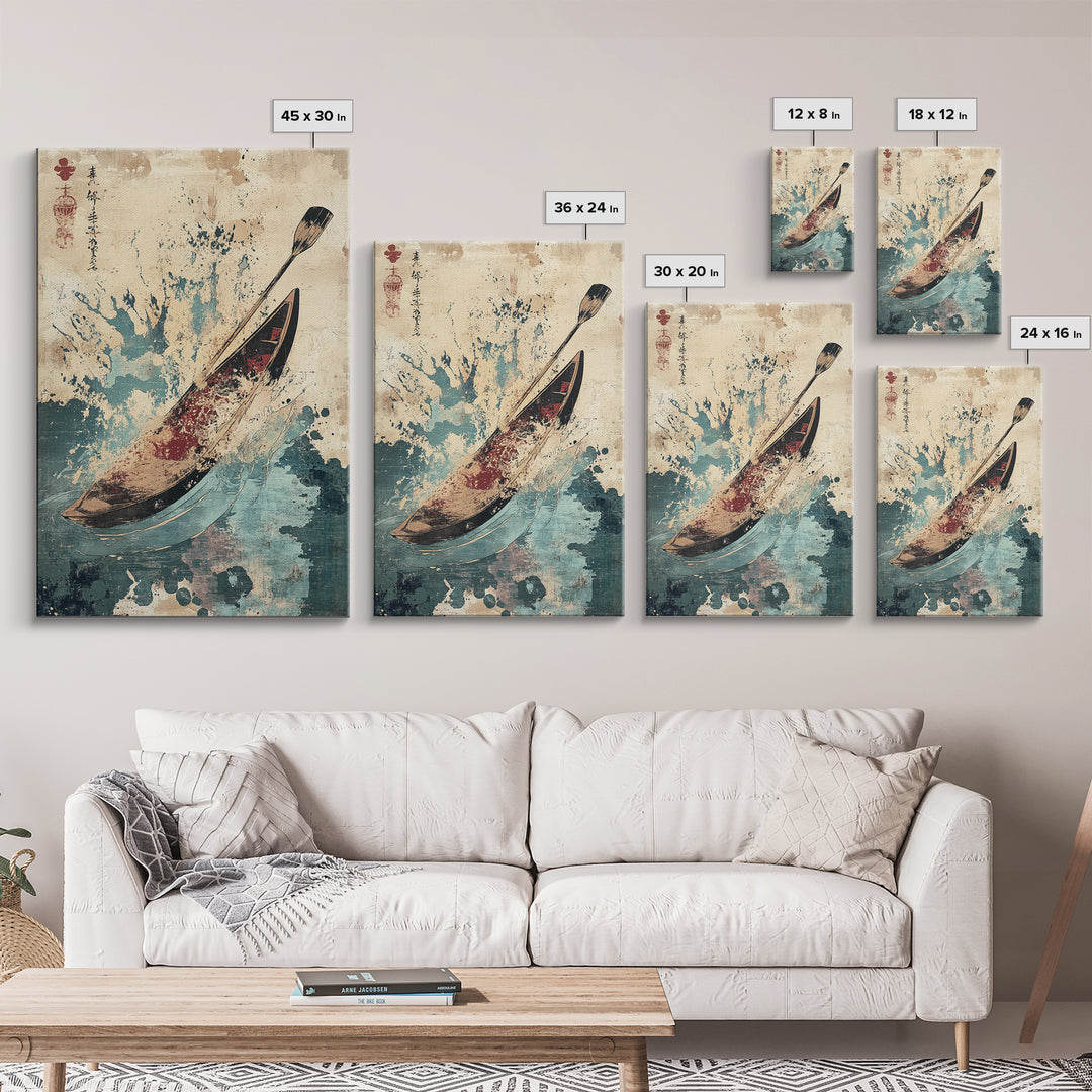 Canoe And Paddle Splash Canvas Print, Japanese Nautical Wall Art, Blue Ocean Decor, Adventure Travel Poster Gift For Coastal Home