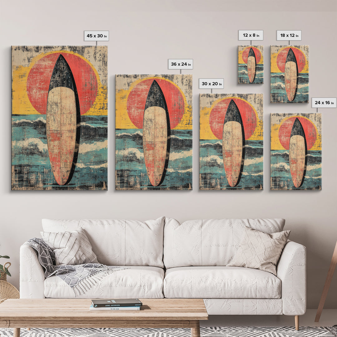 Retro Surfboard At Sunset Wall Art, Coastal Ocean Waves Print, Beach House Decor, Large Vertical Canvas For Surf Lovers Gift