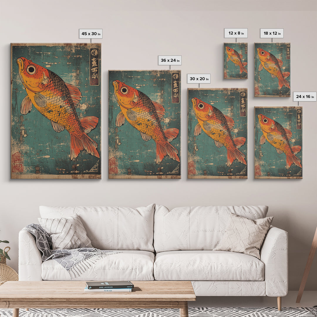 Orange Koi Fish Canvas Print, Japanese Animal Wall Art, Teal Blue Aquarium Decor, Nautical Coastal Gift For Fish Lover Home