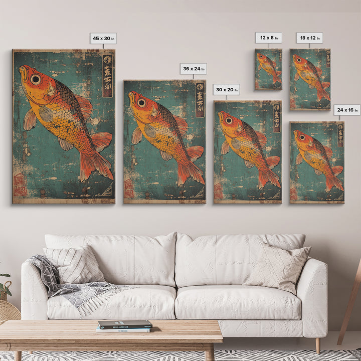 Orange Koi Fish Canvas Print, Japanese Animal Wall Art, Teal Blue Aquarium Decor, Nautical Coastal Gift For Fish Lover Home