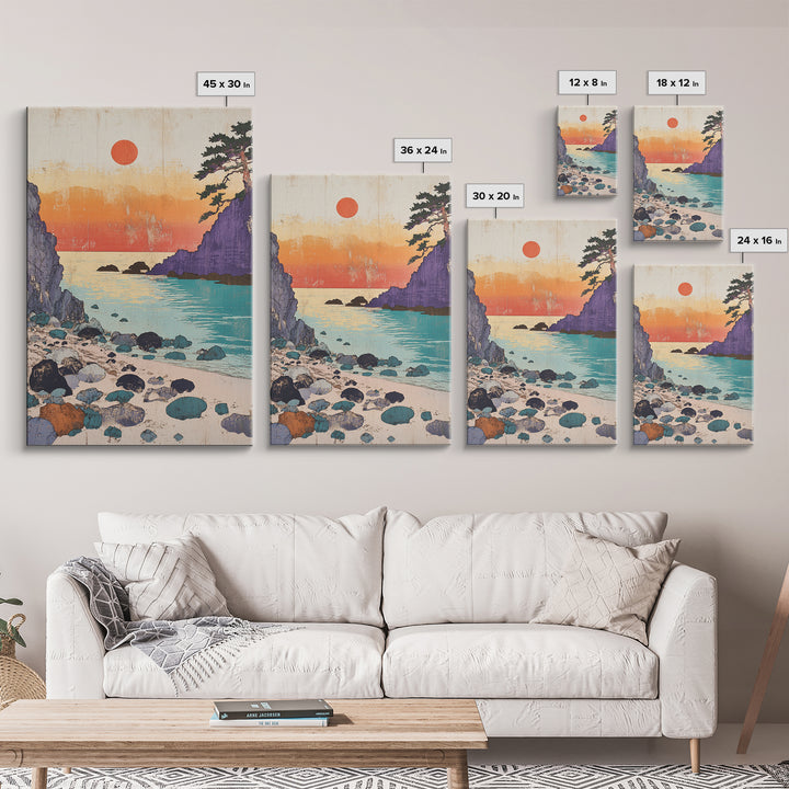 Purple Cliffs Sunset Cove Japanese Seascape Wall Art Coastal Print, Beach House Decor, Large Living Room Wall Decor Poster