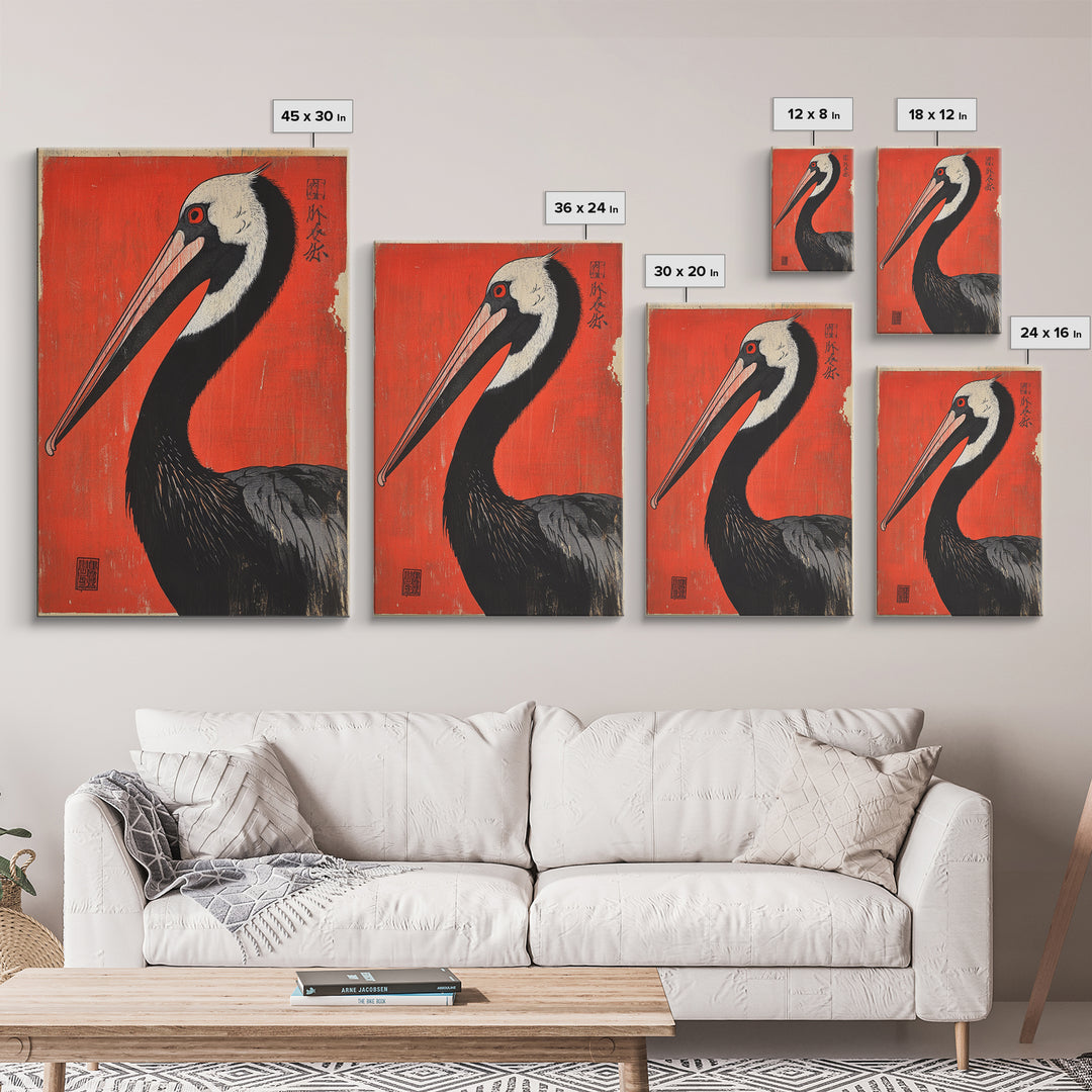 Black Necked Crane Bird On Red Japanese Canvas Print Wildlife Wall Art, Asian Decor, Bold Animal Art Poster Gift For Bird Lovers