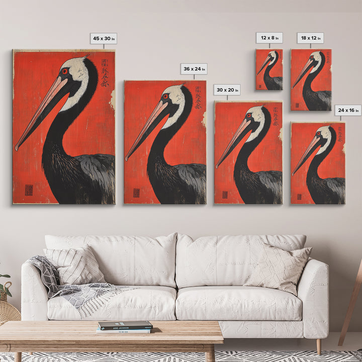 Black Necked Crane Bird On Red Japanese Canvas Print Wildlife Wall Art, Asian Decor, Bold Animal Art Poster Gift For Bird Lovers