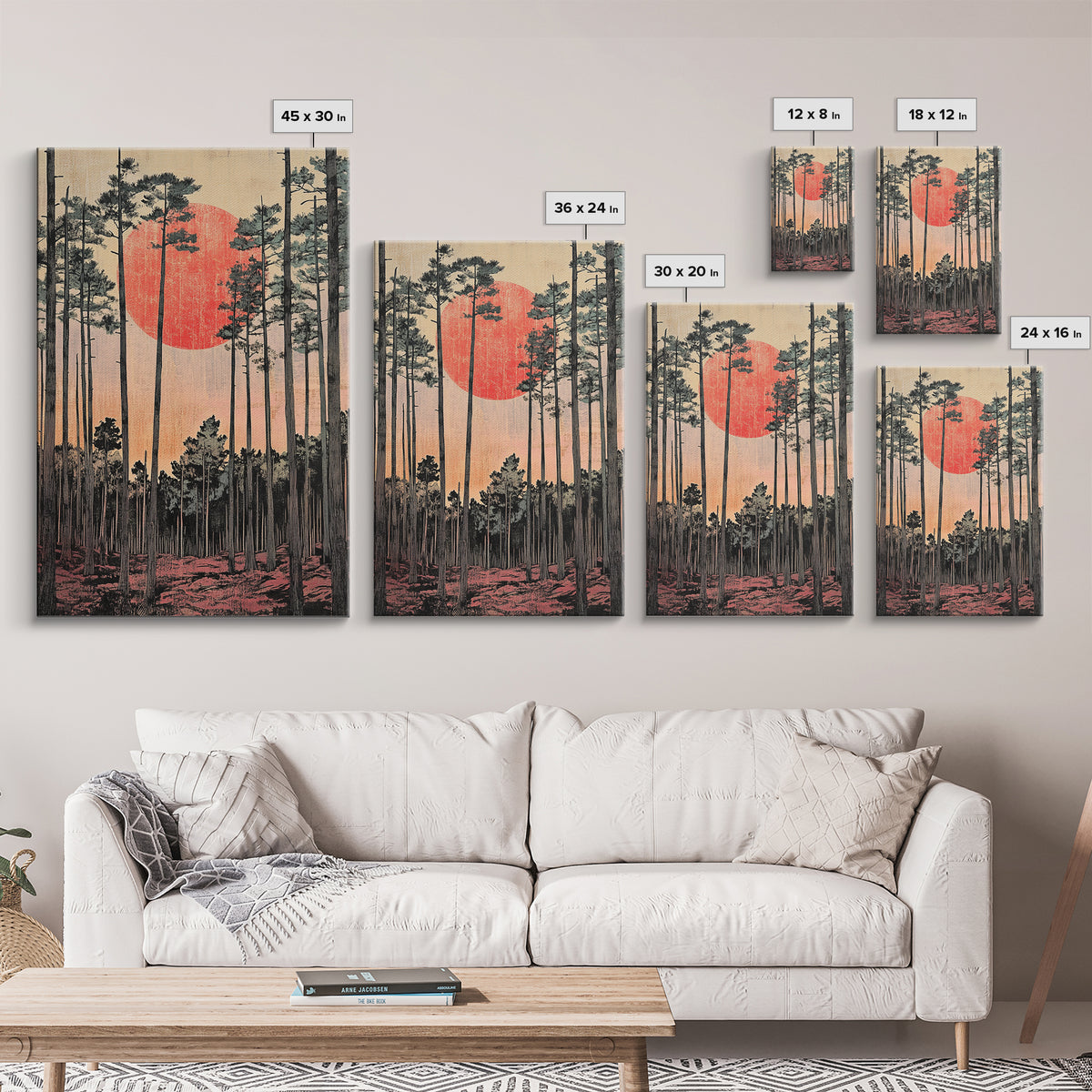 Tall Pine Forest Red Sun Japanese Landscape Wall Art, Japandi Decor, Nature Print, Large Living Room Wall Decor Poster Gift