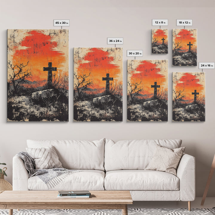 Black Cross At Fiery Sunset Framed Canvas Print, Christian Wall Art, Rustic Landscape, Faith Gift, Moody Home Decor Art