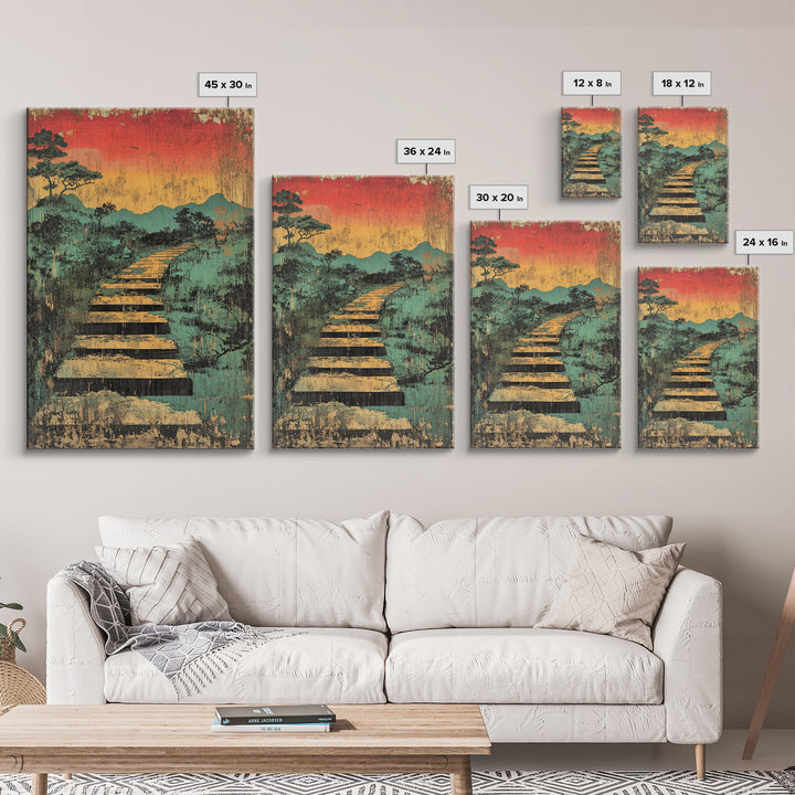 Sunset Boardwalk Through Misty Marsh Wall Art, Japanese Landscape Print, Rustic Nature Decor, Mountain Path Canvas Print