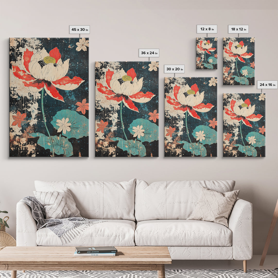 Red And White Lotus Flower Wall Art, Japanese Botanical Print, Dark Floral Decor, Teal Pond Leaves, Modern Canvas Print Gift