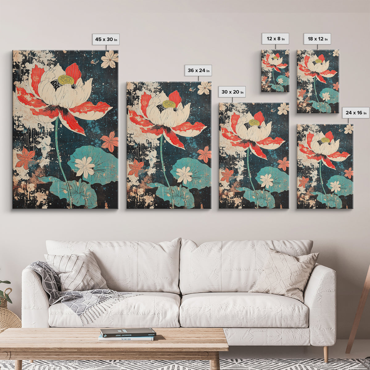 Red And White Lotus Flower Wall Art, Japanese Botanical Print, Dark Floral Decor, Teal Pond Leaves, Modern Canvas Print Gift