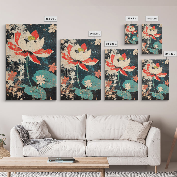 Red And White Lotus Flower Wall Art, Japanese Botanical Print, Dark Floral Decor, Teal Pond Leaves, Modern Canvas Print Gift