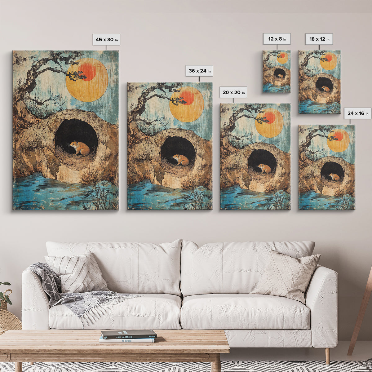 Mouse In Hollow Tree Wall Art, Japanese Nature Print, Whimsical Animal Decor, Orange Sun, Zen Landscape Canvas Print Gift