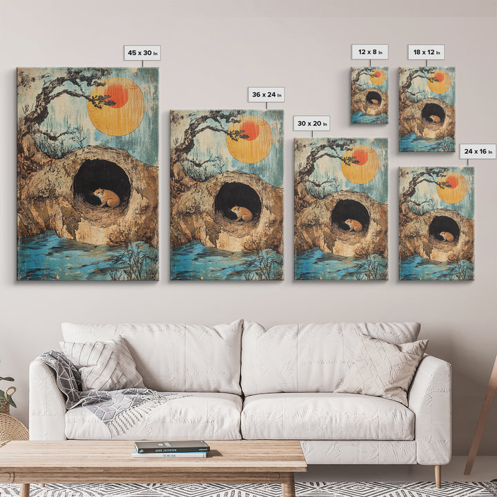 Mouse In Hollow Tree Wall Art, Japanese Nature Print, Whimsical Animal Decor, Orange Sun, Zen Landscape Canvas Print Gift