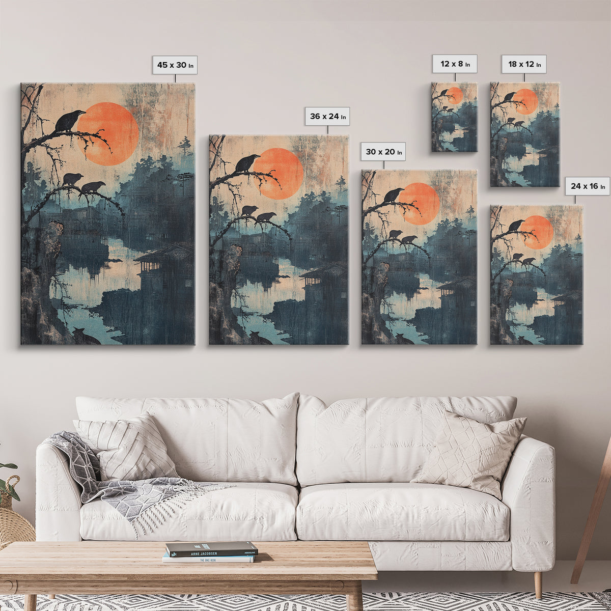Crows Over Misty River Framed Canvas Print, Japanese Landscape Wall Art, Moody Nature Decor, Orange Sun, Bird Art Print