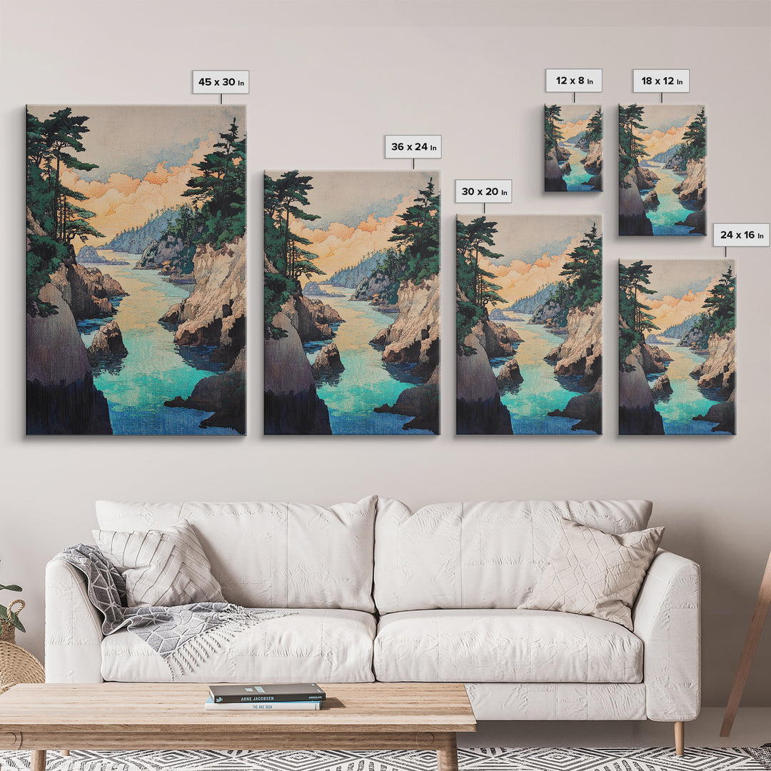 Turquoise Rocky Cove Wall Art, Japanese Coastal Landscape Print, Ocean Seascape Canvas Print, Serene Living Room Decor Gift