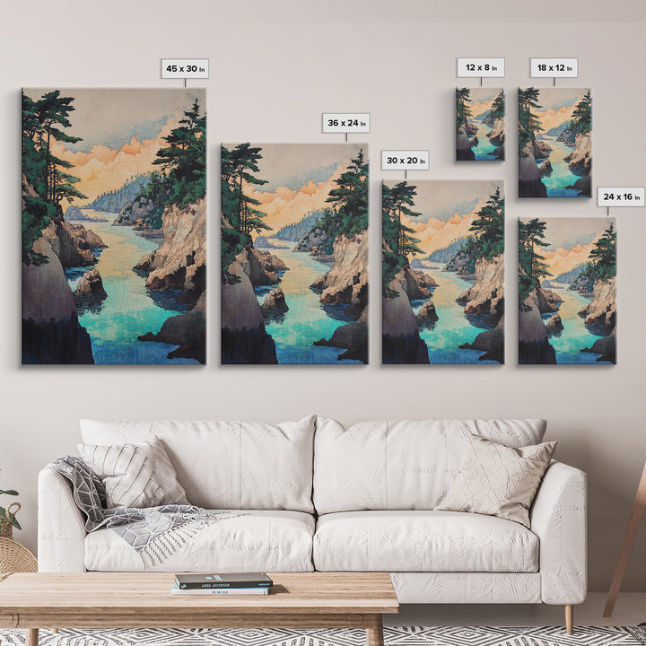 Turquoise Rocky Cove Wall Art, Japanese Coastal Landscape Print, Ocean Seascape Canvas Print, Serene Living Room Decor Gift