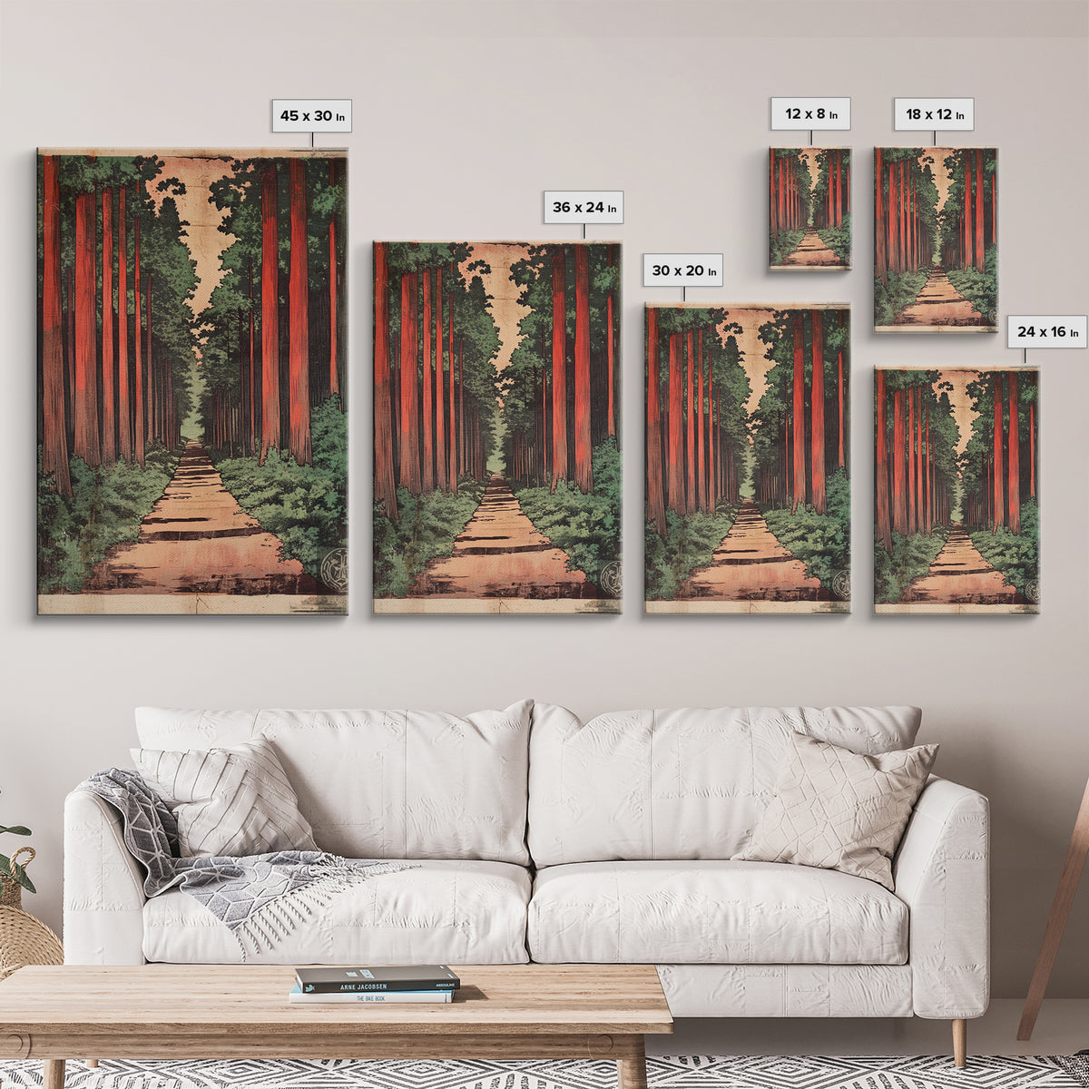 Tall Cedar Forest Path Wall Art, Japanese Woodland Landscape Print, Rustic Nature Canvas Print, Entryway Decor Housewarming Gift