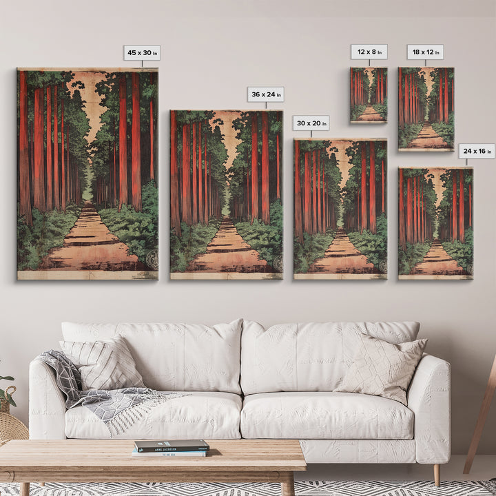 Tall Cedar Forest Path Wall Art, Japanese Woodland Landscape Print, Rustic Nature Canvas Print, Entryway Decor Housewarming Gift