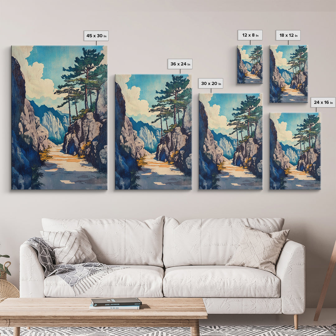 Rocky Mountain Pass Wall Art, Alpine Landscape Canvas Print, Japanese Style Nature Decor, Large Living Room Wall Art Gift