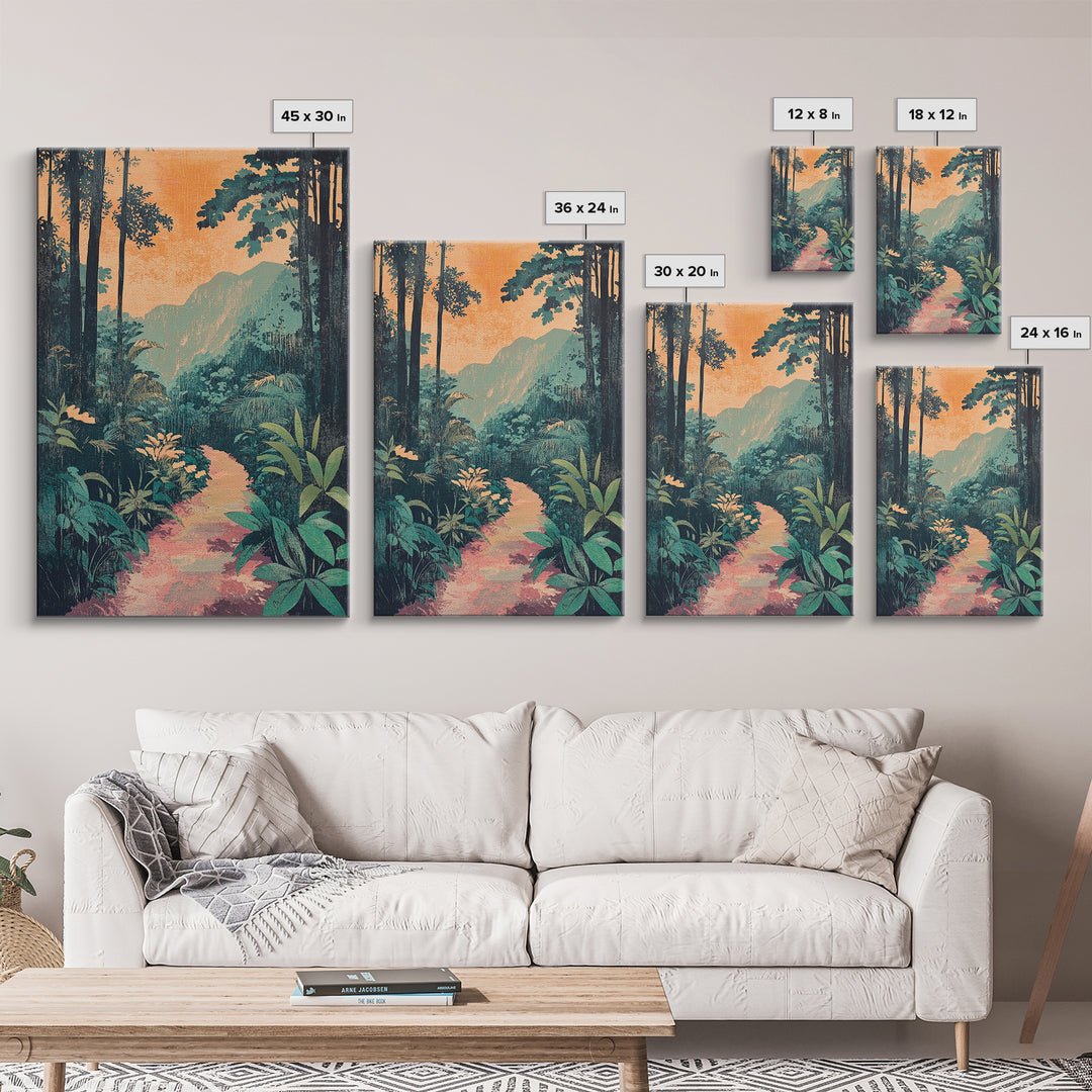 Tropical Jungle Path Wall Art, Lush Botanical Landscape Print, Boho Nature Canvas Print, Vibrant Living Room Decor Gift For Her